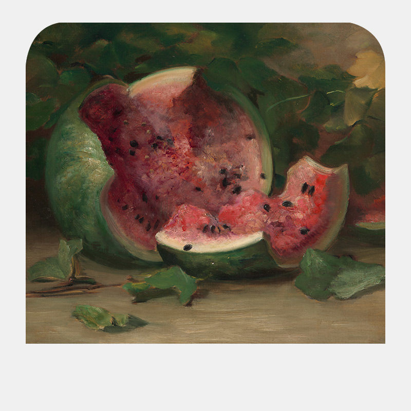 A cracked open watermelon surrounded by a vine of leaves.